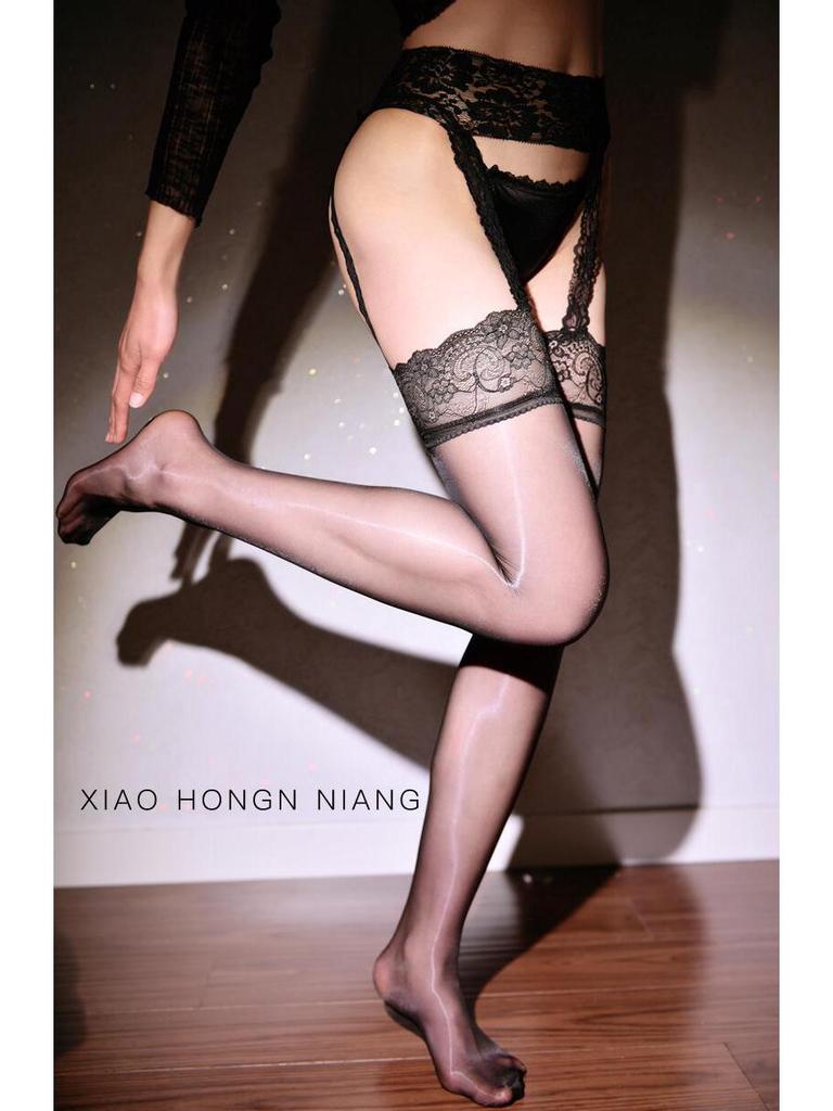 Little Matchmaker Sexy Black Lace Garter Stockings with Open Crotch - Ultra-Thin White Over-the-Knee Erotic Stockings.