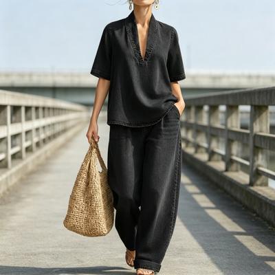 Conjunto Jeans Feminino de Verão 2 Peças Top de Manga Curta com Lapela e Decote V e Calça de Cintura Alta Conjunto de Treino Roupas Casuais para Férias com Bolsos