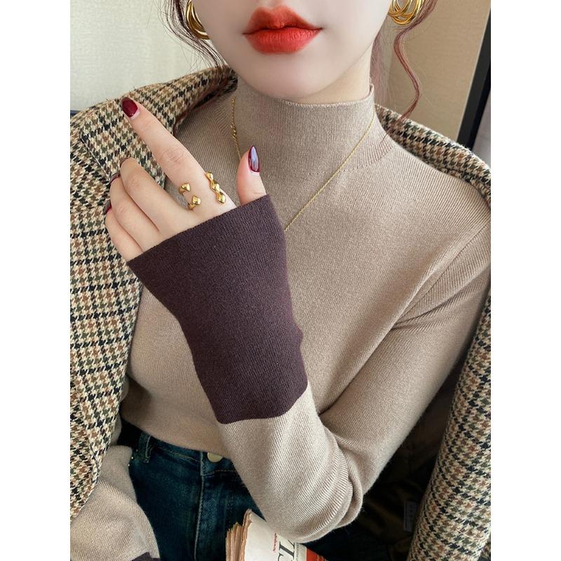 

Элегантный женский свитер с полувысоким воротником, вязаный, модный, осенне-зимний, с длинным рукавом, повседневный, с отделкой, модная базовая одежда для офиса, облегающего кроя one size