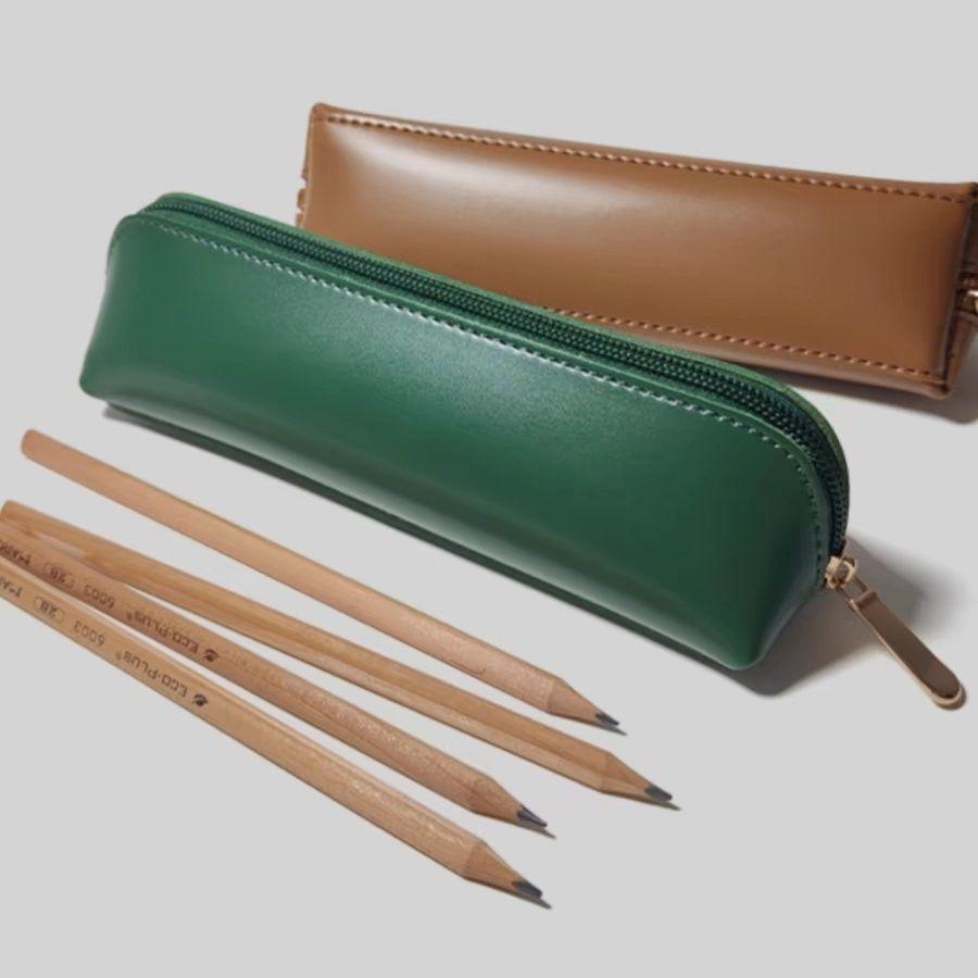 Solid Color Imitation Leather Pu Middle School Student Stationery Bag, Black Literary High School Student Large-capacity Pencil Steamed Bread Pencil