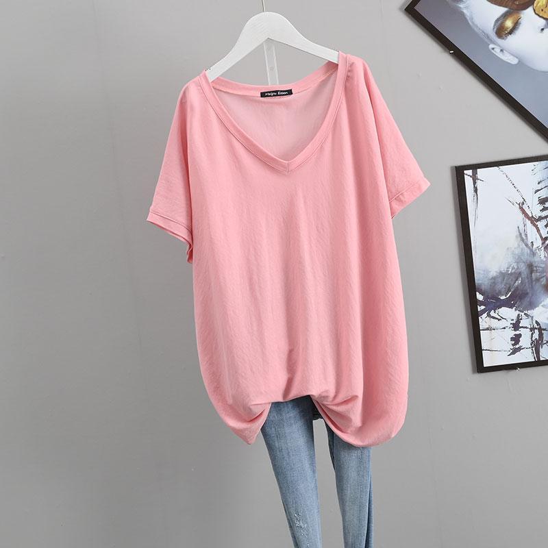 Summer Solid Color V-neck Short Sleeve T-Shirts Women Loose Casual All-match Tees Fashion Tops
