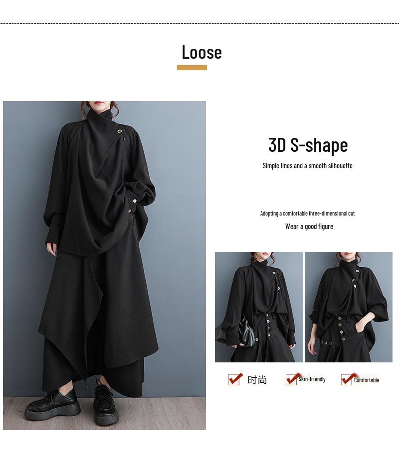 Dark Style Ruffle Neck Long Sleeve Casual Shirt