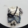 Kids' Plaid Color-Block T-Shirt~2025 Spring/Autumn Korean Mori Style Trendy for Boys & Girls