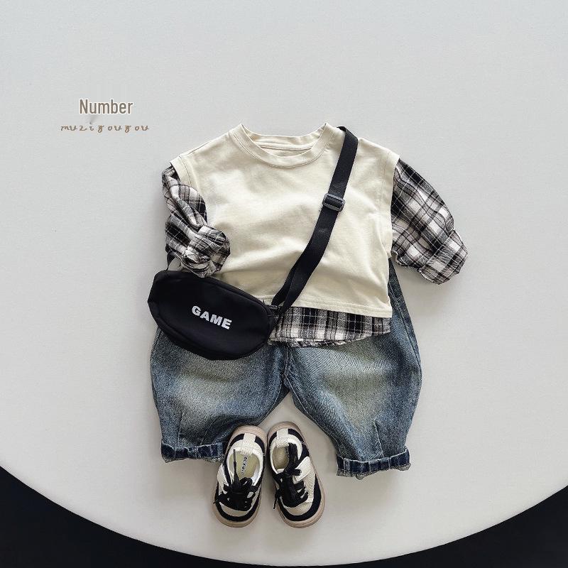 Kids' Plaid Color-Block T-Shirt~2025 Spring/Autumn Korean Mori Style Trendy for Boys & Girls