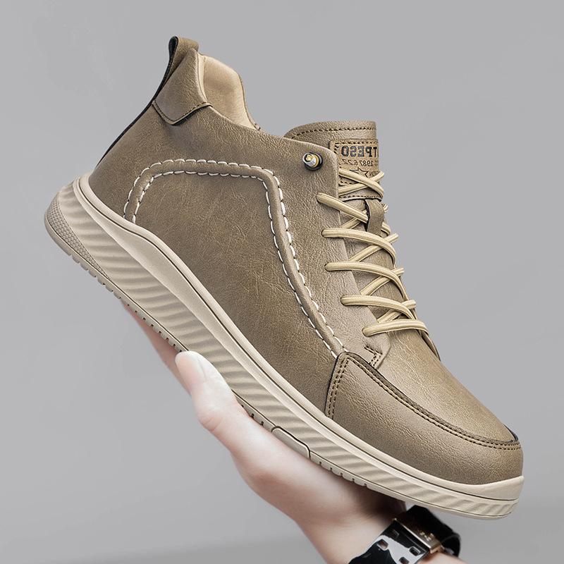 

Men s shoes 2025 summer new men s non-slip waterproof leather casual shoes high-end trend versatile mid-top board shoes 46 хаки