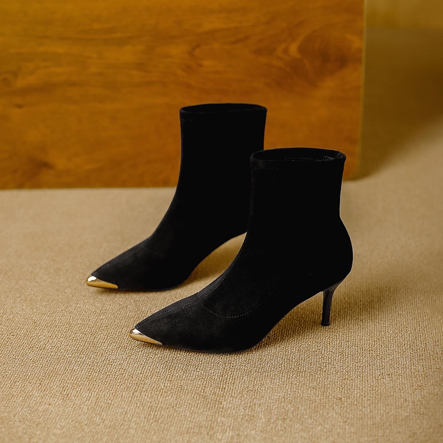 

Women s Autumn/Winter 2025 Suede Satin Stiletto Ankle Boots - Elastic Slimming, Pointed Metal Toe High Heels. Size 36