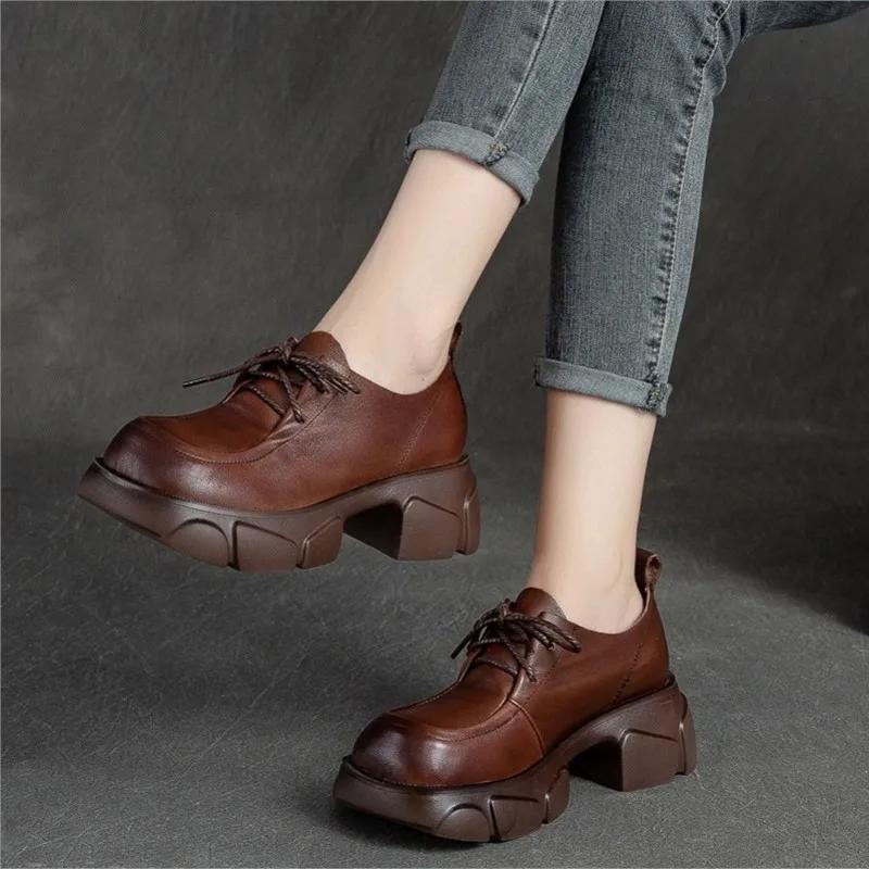 2026 Autumn New Genuine Leather Pumps Thick Sole Loafers Square Toe Lace Up Versatile Leisure Women's Shoes