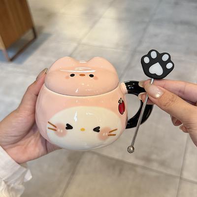 Cană cu pisică cu capac și linguriță valoare ridicată stil ins cană pentru cuplu cană ceramică pentru băut cadou de ziua fetei