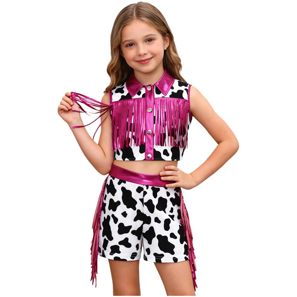 Mädchen Western Cowgirl Kostüm Metallisches Patchwork Ärmelloses Oberteil mit Fransen und Quasten-Shorts Outfit Set