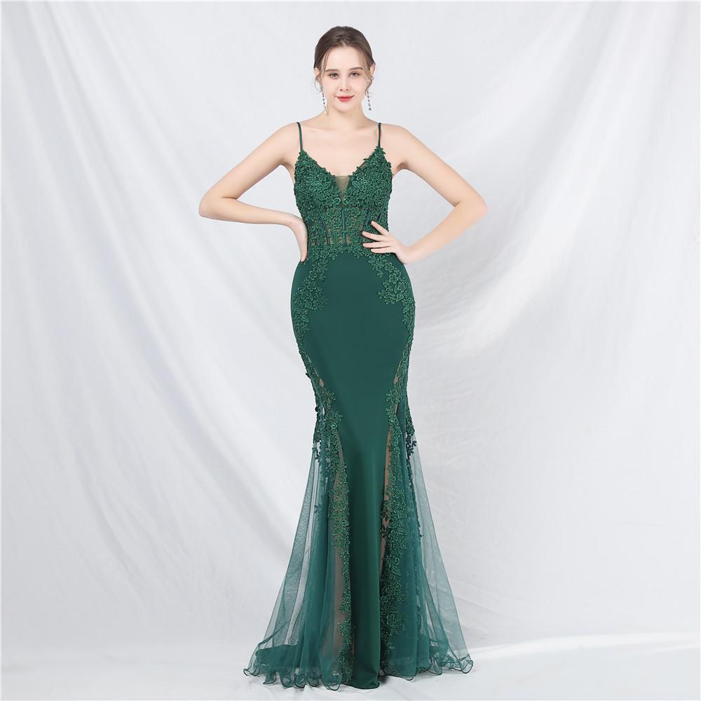 Lace Lace Permed Fishbone Vest Waist Low Chest Off The Shoulder High-end Small Trailing Evening Dress
