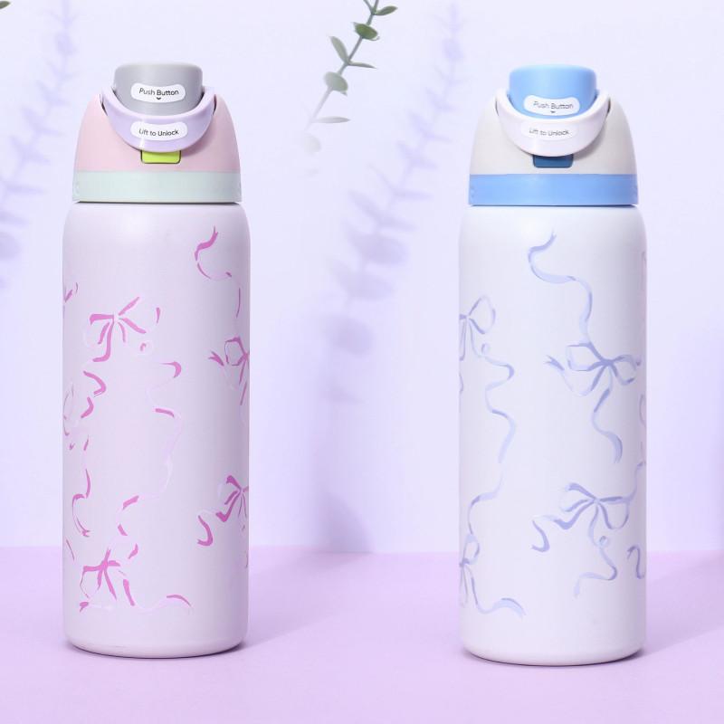 Bow Ribbon Pattern Print Water Bottle Thermos Cup For Sports Travel School Gift