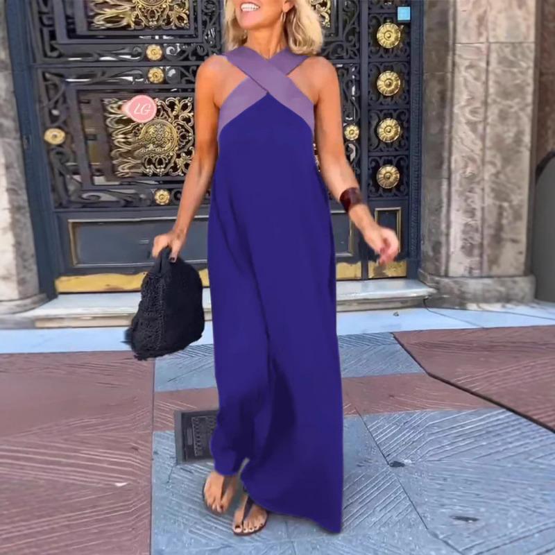Summer Sleeveless Loose Casual Long Dress New Big Size Women A-line Cross Party Patchwork Dress Sweet Streetwear Sexy Clothing