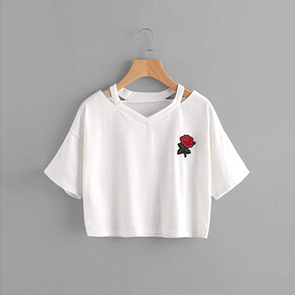 Women V\-neck Embroidered Rose Short T\-Shirt Ladies Top Girls
