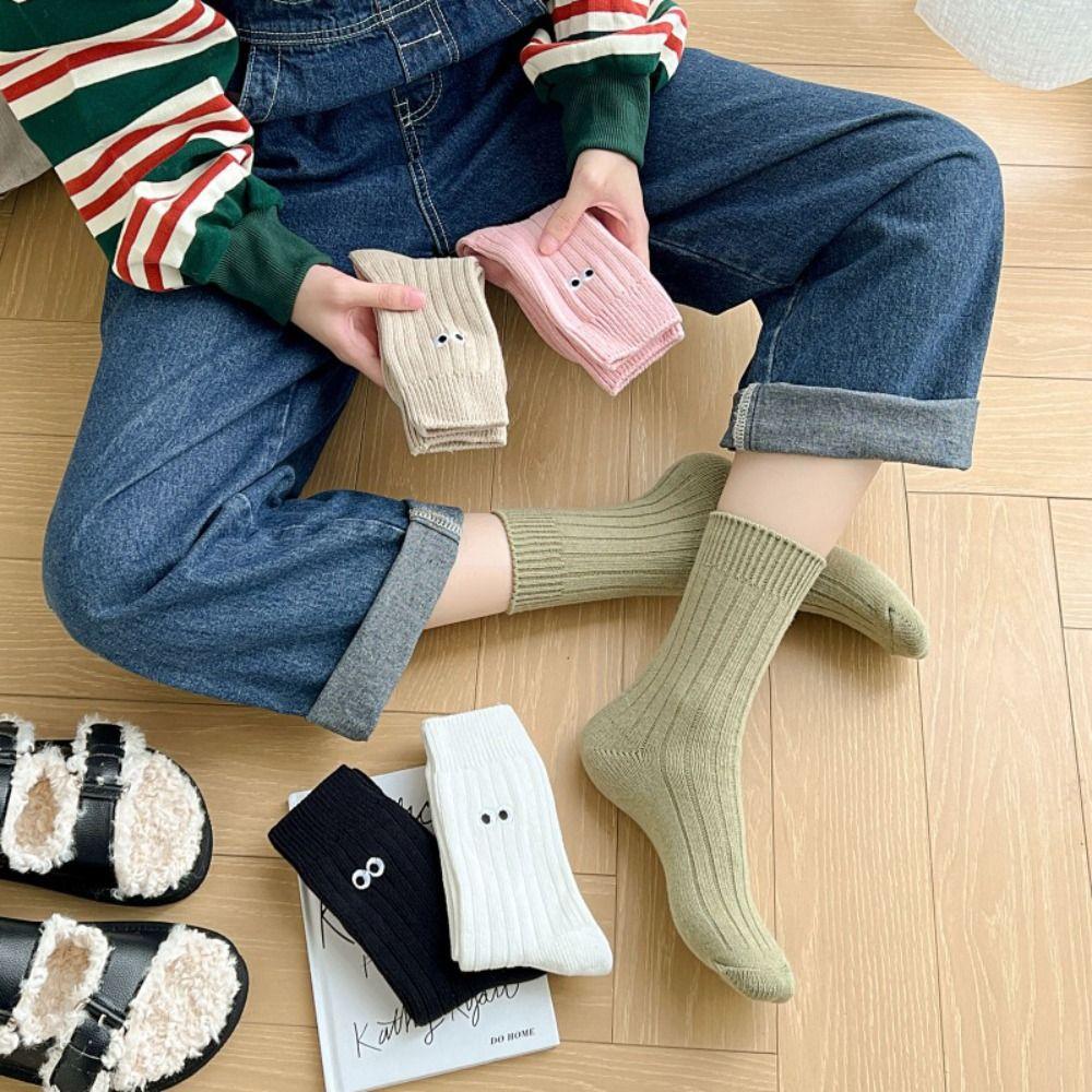 

Cotton Women Pile Socks Middle Tube Middle Tube Socks Kawaii Eye Embroidery Socks Streetwear чёрный