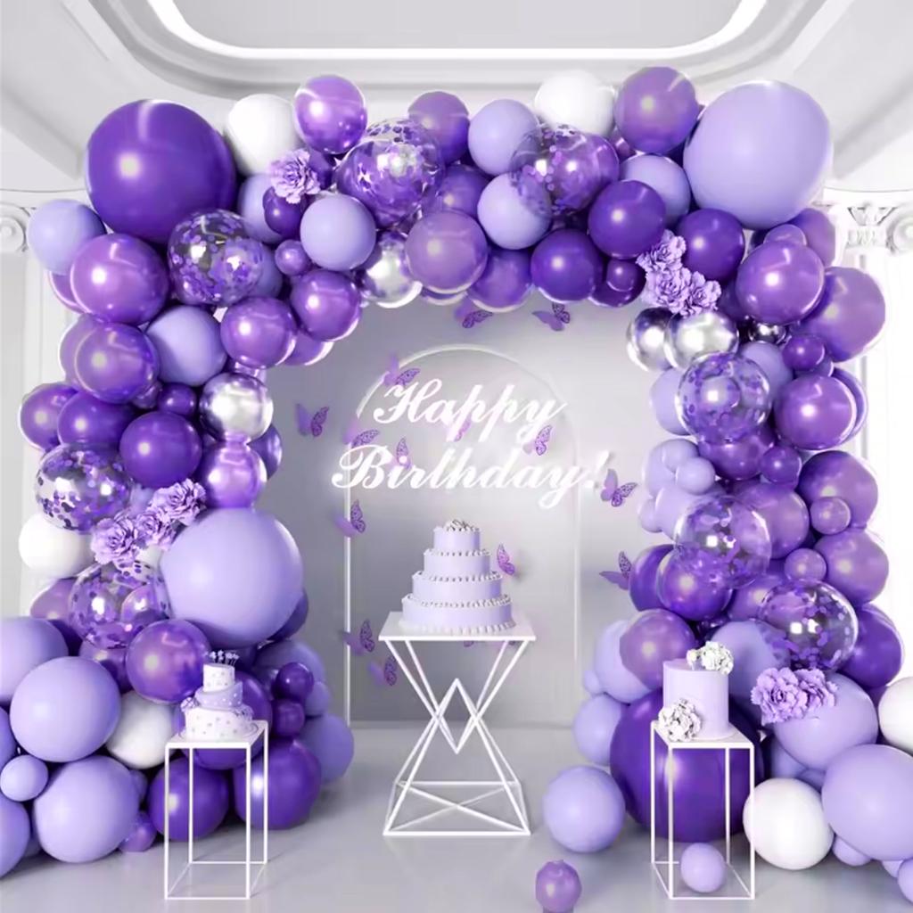 146pcs Purple Color Balloon Arch Set with Butterfly Accessories Suitable for Birthday Wedding Theme Event Decoration Etc.