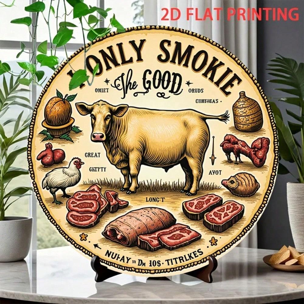 

Metal Wall Art Vintage BBQ Meat Cutting Sign Round Tin Sign 8 Inch with Holes
