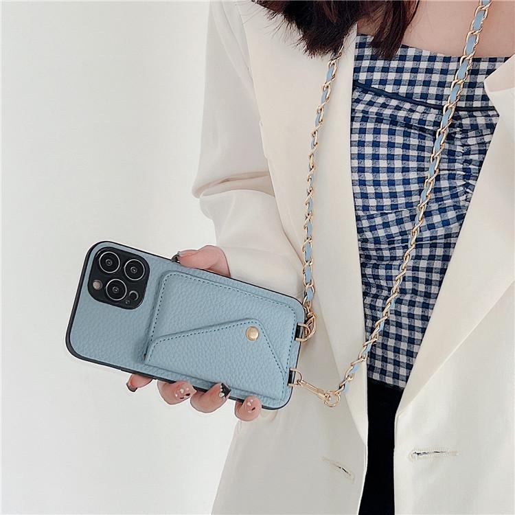 Applicable To Iphone14 Crossbody Chain Card Case, Mobile Phone Case 16E Lychee Pattern Card Case 13promax Protective Case 12