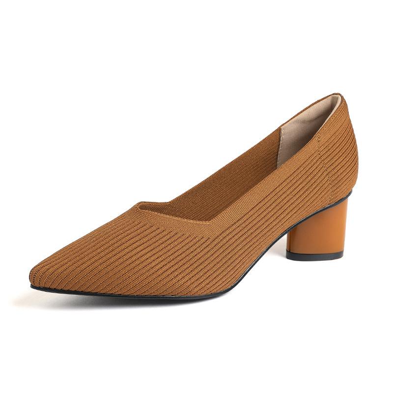 Fashion 2025 Pointed Toe Middle Heel Breathable Comfortable Knitted Shoes Women Shallow Mouth Chunky Heel Fashion Zapatos De Mujer Pumps