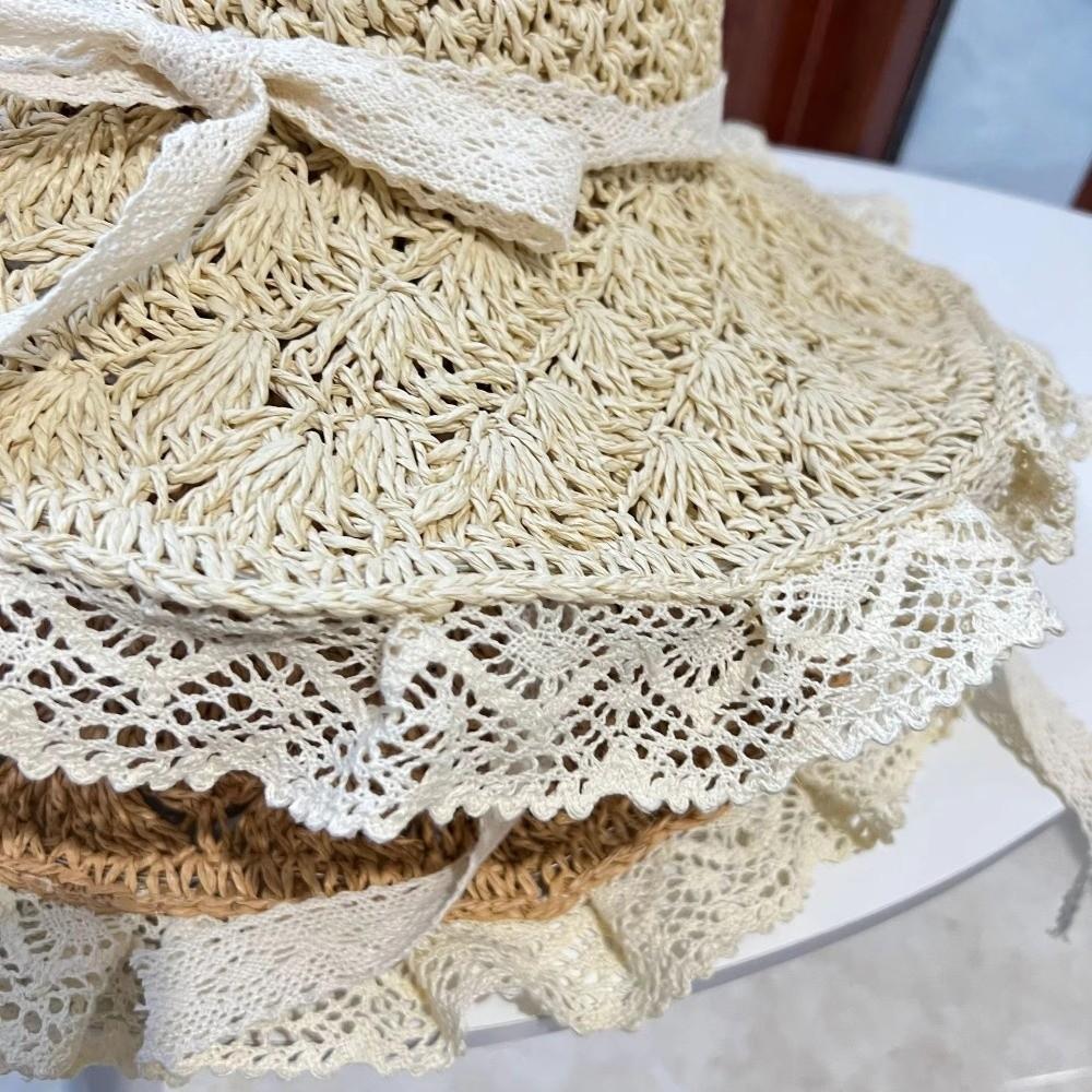 Lace Trim Sun Hat Foldable Beach Cap Elegant Summer Straw Hat  Travel