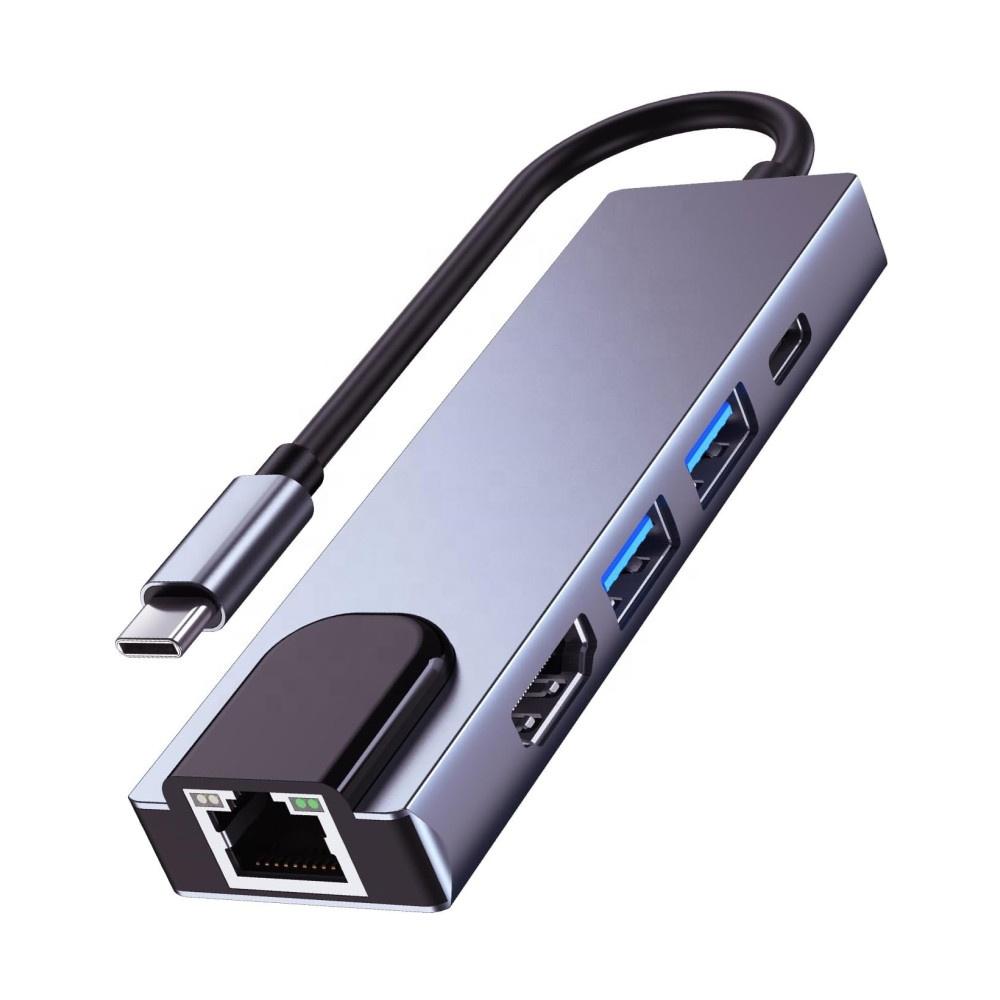 

5 in 1 USB C To HDMI and RJ45 Gigabit Ethernet and 2 USB3.0 and PD Charging Adapter Hub for Macbook Pro and Samsung S9 S10 Etc