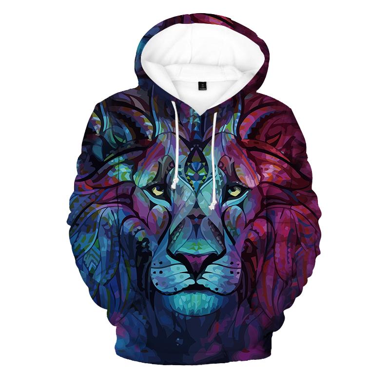 Новая Мода Мужские Толстовки с 3D Принтом Графики Льва Уличная Одежда Мужская Толстовка с Длинным Рукавом и Капюшоном Карман Осенняя Повседневная Свободная Толстовка 6XL