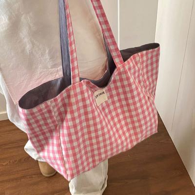 Frühling und Sommer Neue doppelseitige karierte Tragetasche mit großem Fassungsvermögen für Studenten, Pendler und Freizeit, Schultertasche