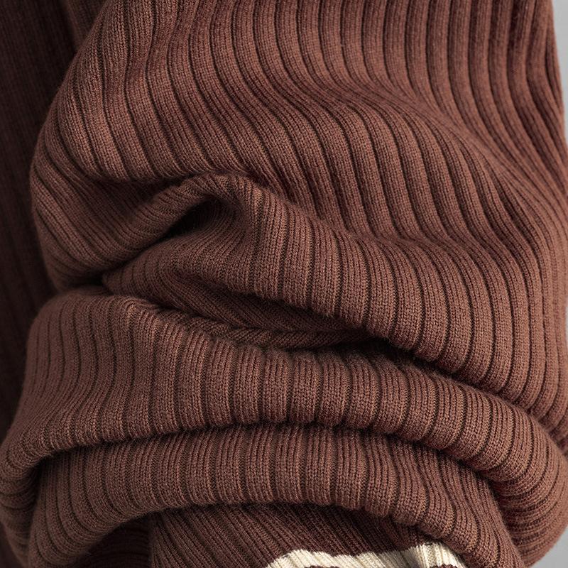Fall Winter Lazy Wind Loose High Collar Pulllover Sweater Suit Women's Stripe Long Sleeve Knit Wide Leg Pants Two Piece Set