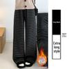 Women's Ash-Black Striped Wool Wide-Leg Pants with High Waist, Autumn/Winter Style, Plus Velvet, Loose Straight-Leg Design