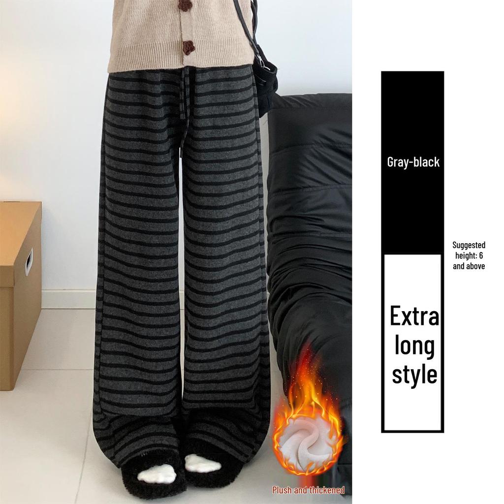 Women's Ash-Black Striped Wool Wide-Leg Pants with High Waist, Autumn/Winter Style, Plus Velvet, Loose Straight-Leg Design