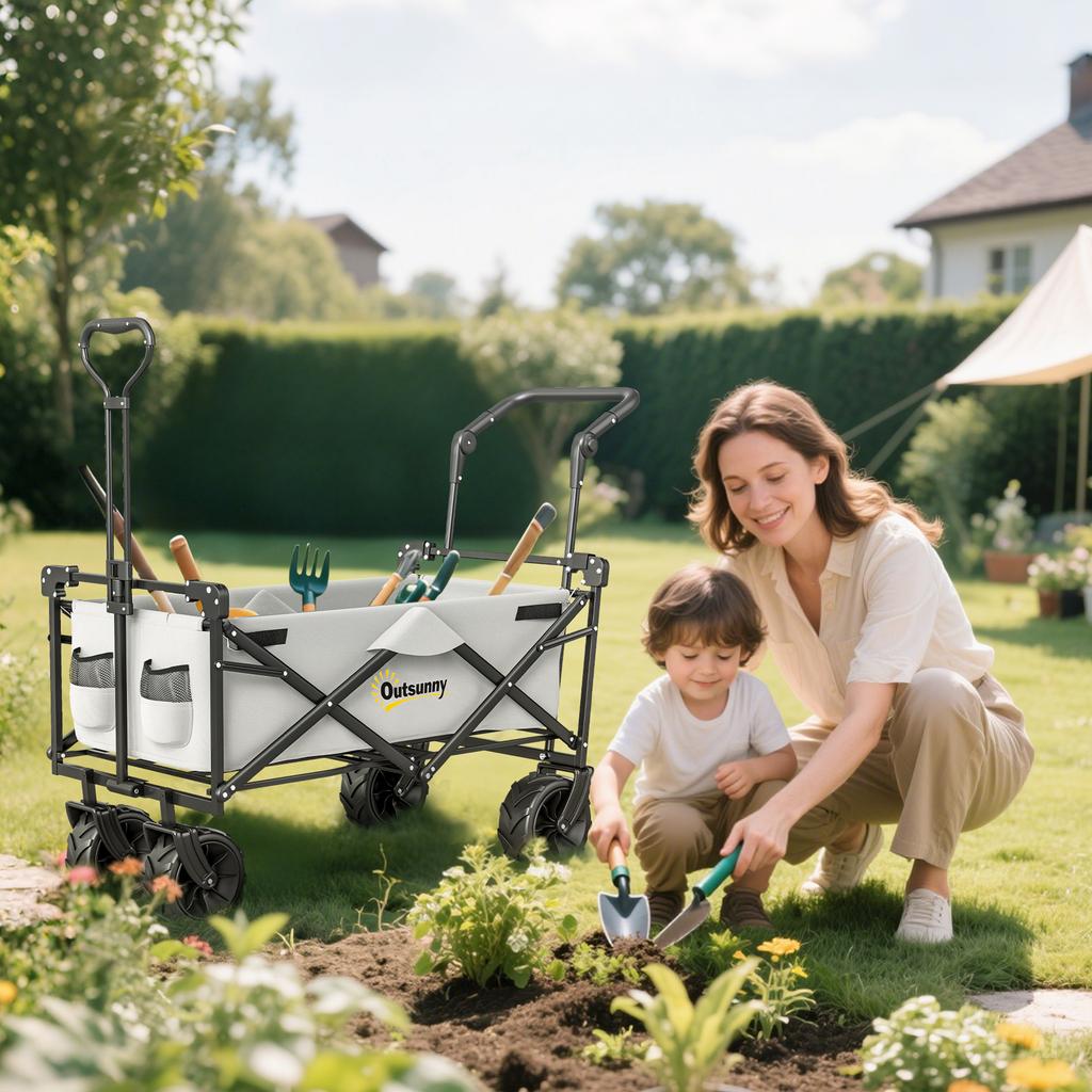 Folding Trolley Cart Storage Wagon Beach Trailer 4 Wheels with Handle Overhead Canopy Cart Push Pull for Camping, Grey