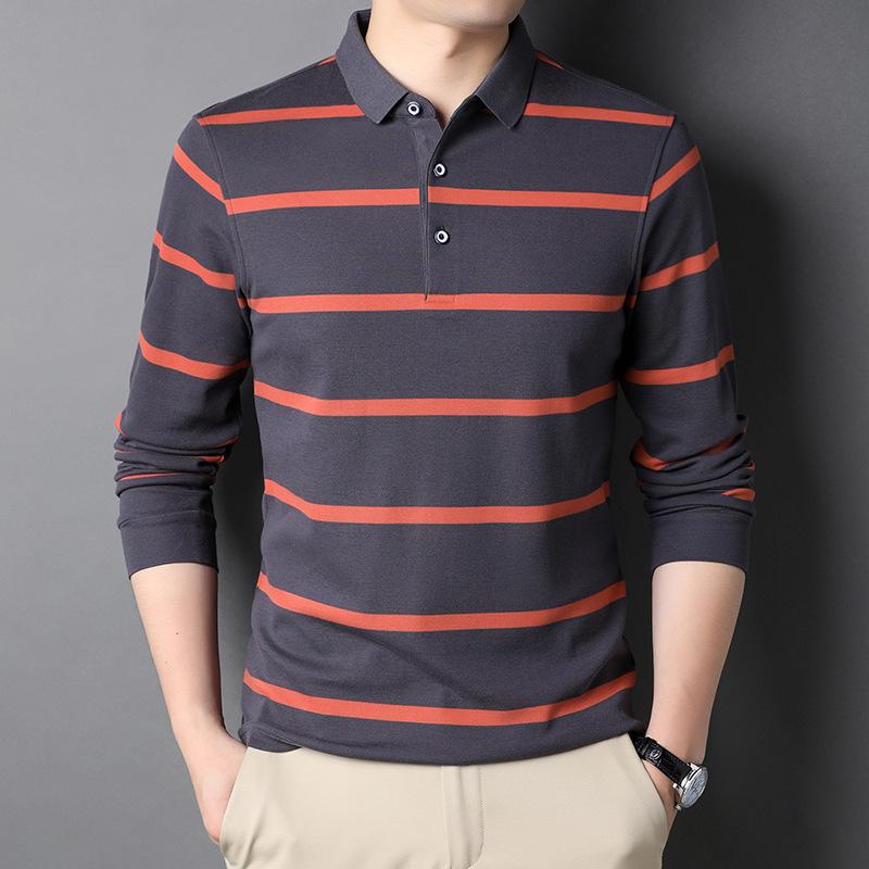 Spring New Long-sleeved Young and Middle-aged Men's Striped Thin Lapel Polo Shirt Long-sleeved T-shirt