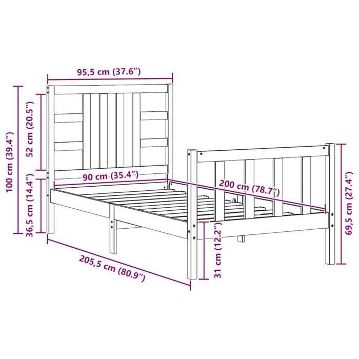 VidaXL Cadre de lit avec tête de lit 90x200 cm bois massif 3191956
