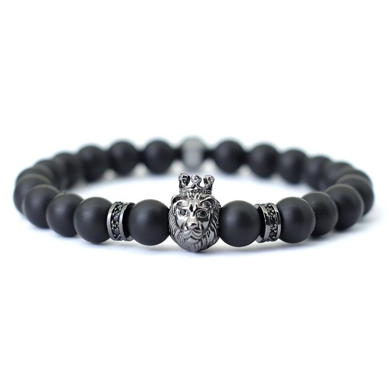 Fashion Mens Bracelet Beaded Wolf Lion Animal Braslet Pirate Skull Braclet Accessories Hombre Black Onyx Stone Braclet Pulseria