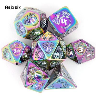 7-teiliges buntes Drachen-Metallwürfel-Set aus massivem Metall, polyedrisch, geeignet für Rollenspiele, RPG-Brettspiele, Kartenspiele