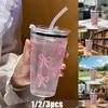 1/2/3pcs 450ml Pink Bow Plastic Cup With Straw And Lid Transparent Milk Coffee Drink Mug Household Travel Ins Water Drinking Cup
