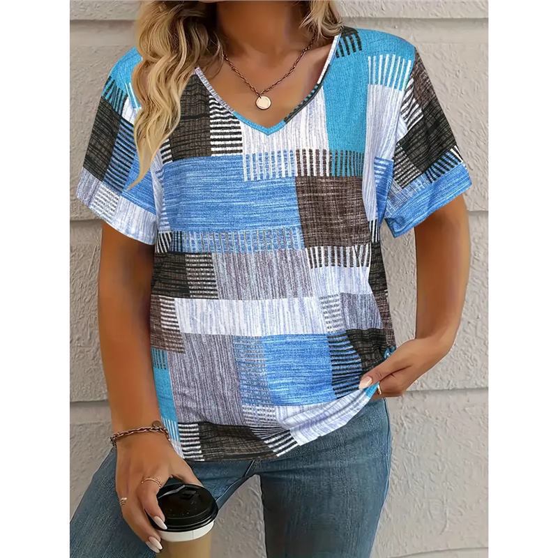 

European and American new fashion casual versatile square pattern printed short-sleeved V-neck T-shirt women s S синий