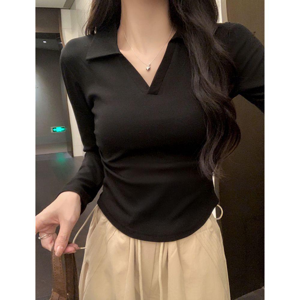 

Spring new pure cotton shoulder Polo lapel long-sleeved T-shirt women s design curved hem inner bottoming shirt top S чёрный