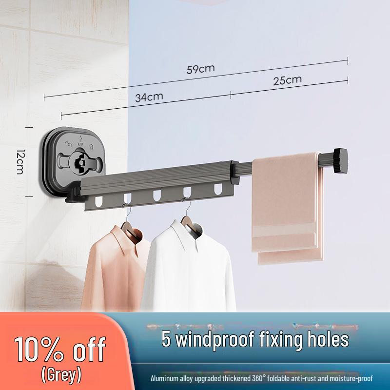 "Punch-Free Suction Cup Folding Clothes Rack - Telescopic Invisible Balcony Rod"