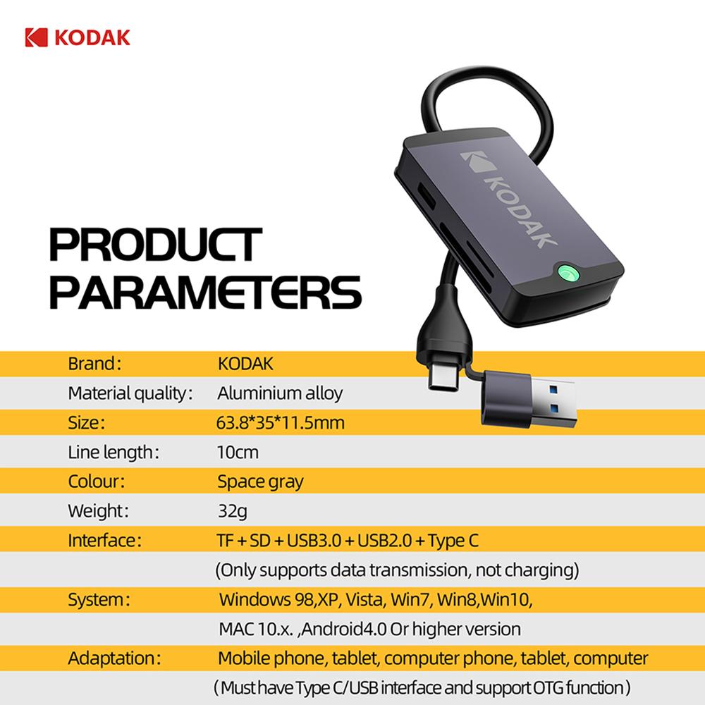 Kodak USB C Hub USB3.0 Type-c Ports with MicroSD Card Adapter SD Card Reader for Phones Tablets MacBook Laptops(Requires OTG)