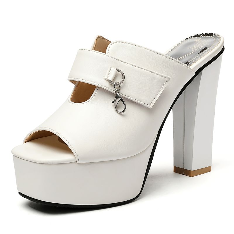 

Сексуальные повседневные женские сандалии с квадратным носком, блочным высоким каблуком 12 см, платформой 4 см, мюли-слипоны, металлическая отделка, большой размер 49 50 45 белый
