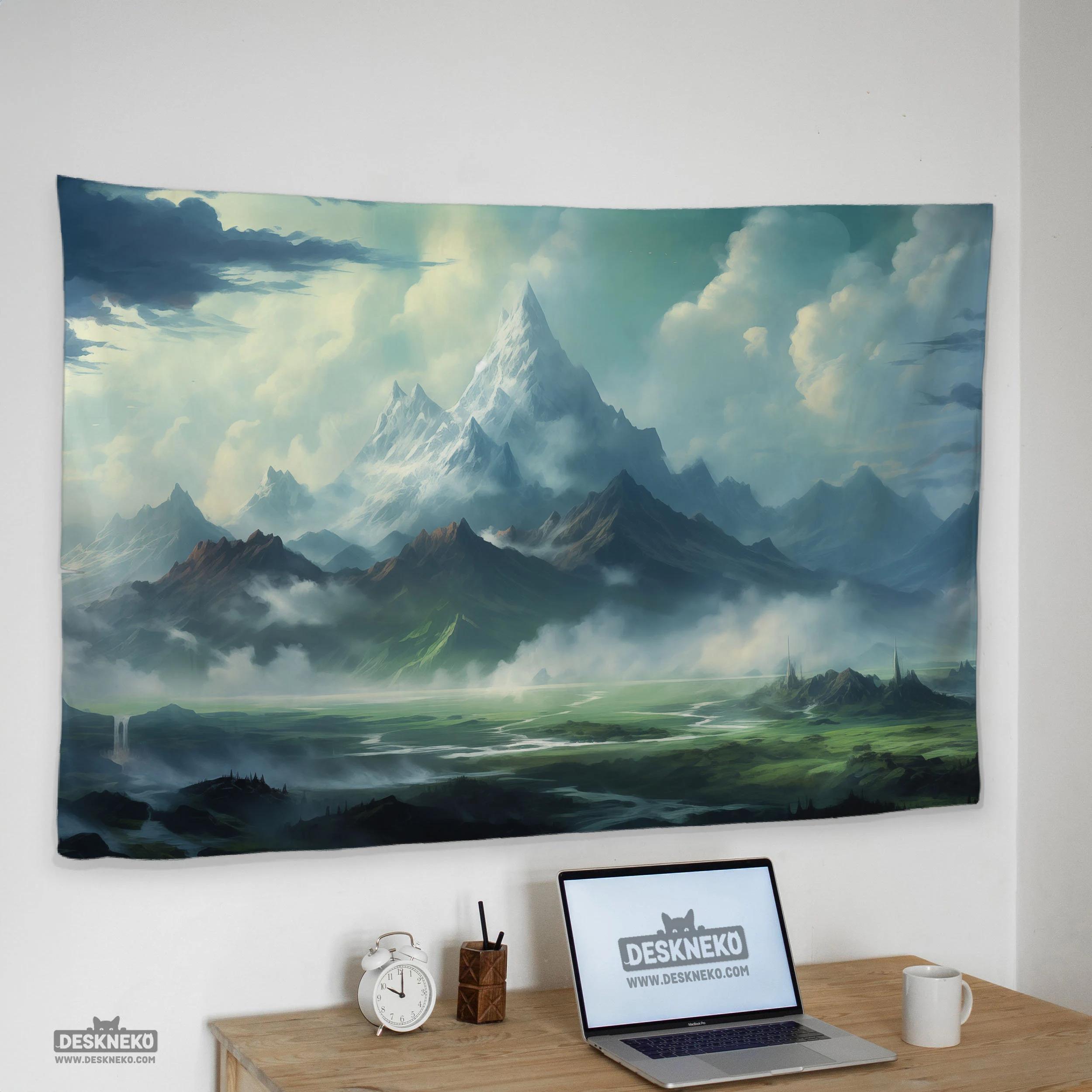 Fantasy Mist Realm Snow Mountain Tapestry Wonderland Valley Background Boussen style Healing Atmosphere Room Decoration 100X70CM