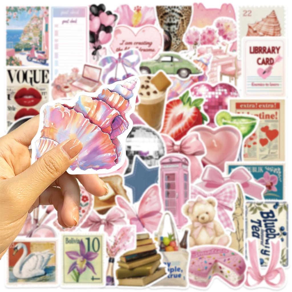 50-Piece Cartoon Pink Aesthetic Series Stickers - Waterproof PVC Decorative Decals for Trash Journal Scrap Decoration, DIY