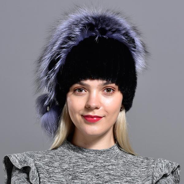 Winter Hat Mink Women Knitted Fox Fur Pompom Warm Cap Floral Fashionable Fluffy Elegant Female Genuine Natural Fur Hats Caps