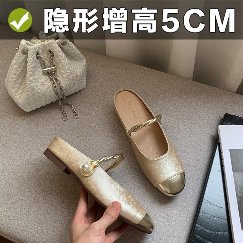 New Trendy with Round Head Low Heel with Shallow Mouth Inner Height Increase Half Tray Sandals Women