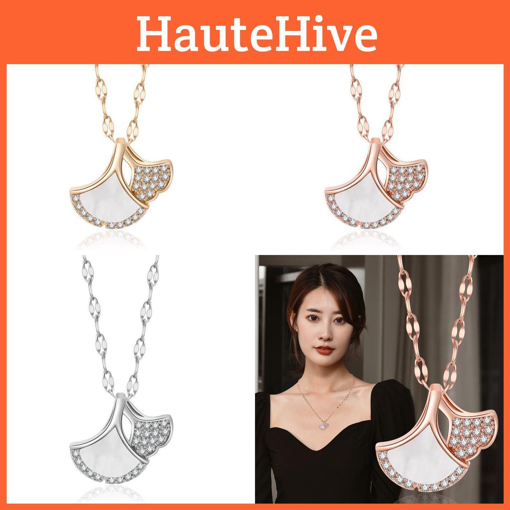 Stylish Titanium Steel Locking Chain Necklace With Inlaid Ginkgo Leaf Pendant For Trendy Women
