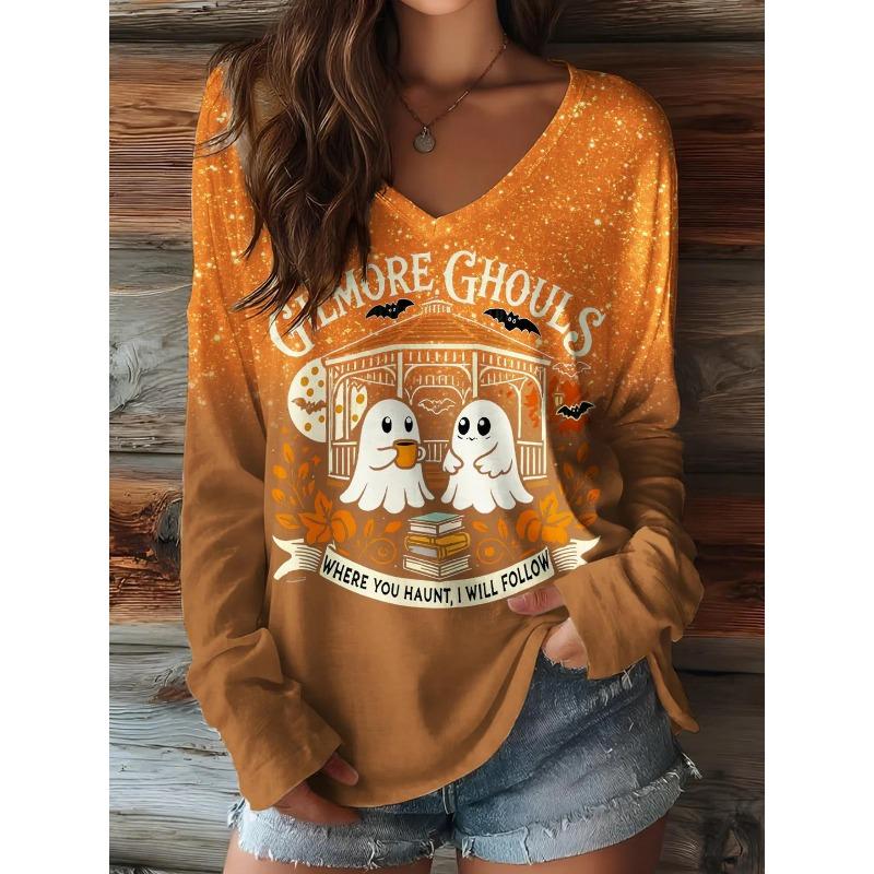 Halloween Pumpkin Ghost Print 3D Graphic Long Sleeve T-Shirt Casual V-Neck Top Polyester Breathable Women's Fashion Apparel
