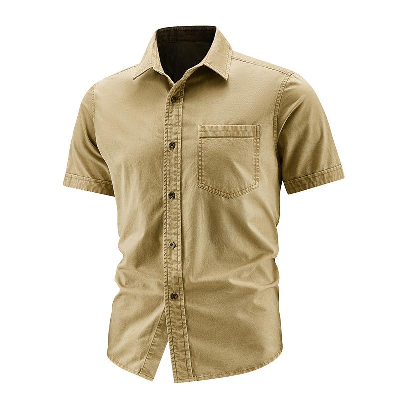 Solid Color Short Sleeved Men's Shirt Washed With Pure Cotton, With A Flanged Style, Sporty And Casual Loose Fit Shirt