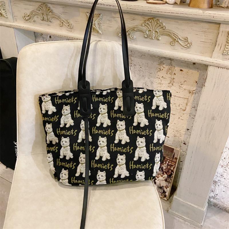 01 New Canvas Bag Large Capacity Black and White Leopard Print Bag Bell Dog Armpit Bag Portable Tote Bag