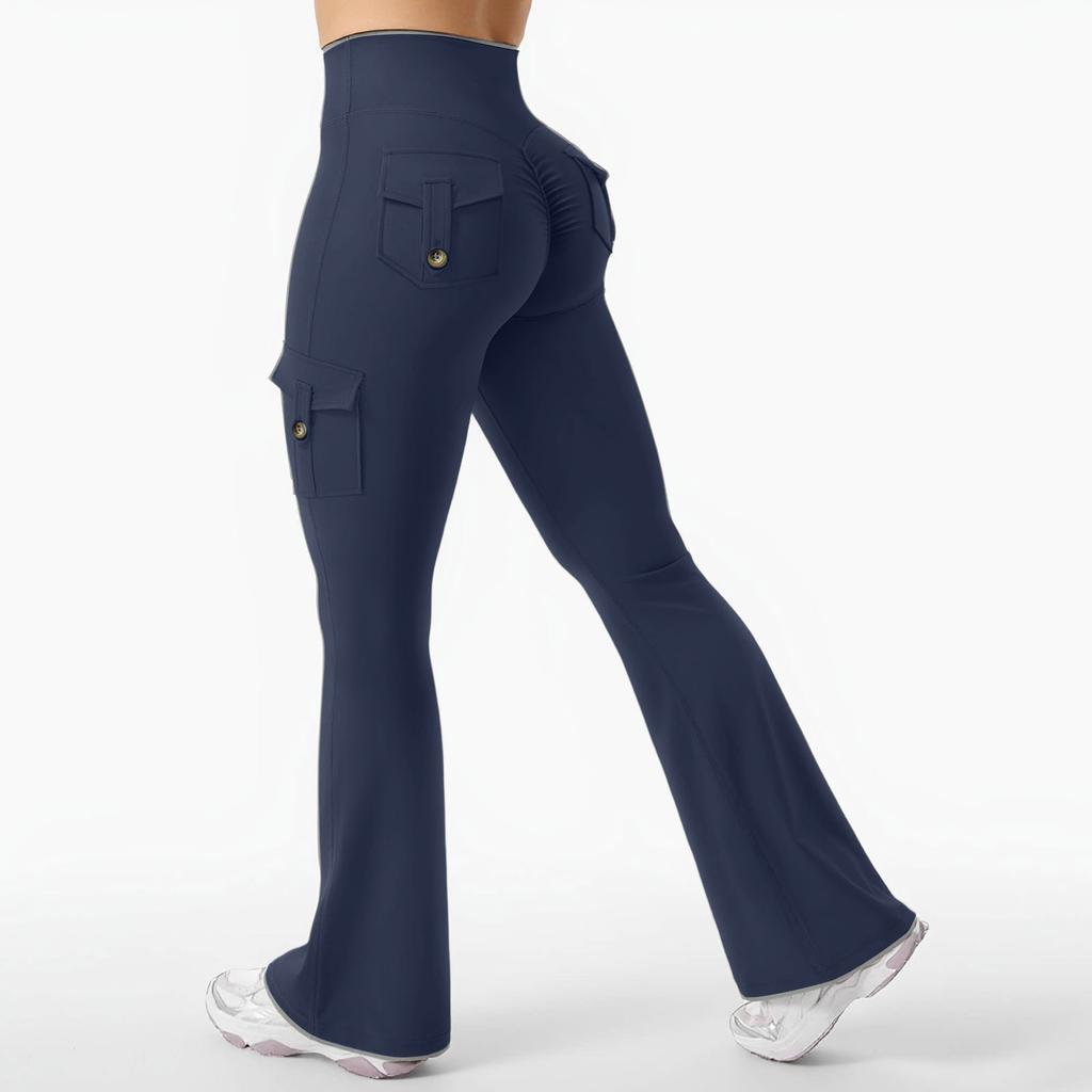 Women's Sports Flared Leggings With Pockets, Stretchy High-Waisted Workwear Yoga Pants