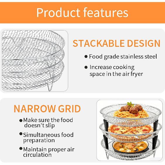 GCQ Air Fryer Rack, 3-Pack Stackable Round Dehydrator Racks for Oven & Air Fryer, 8x8x1.57 Inch, Food Grade Stainless Steel, Fits Inner Diameter